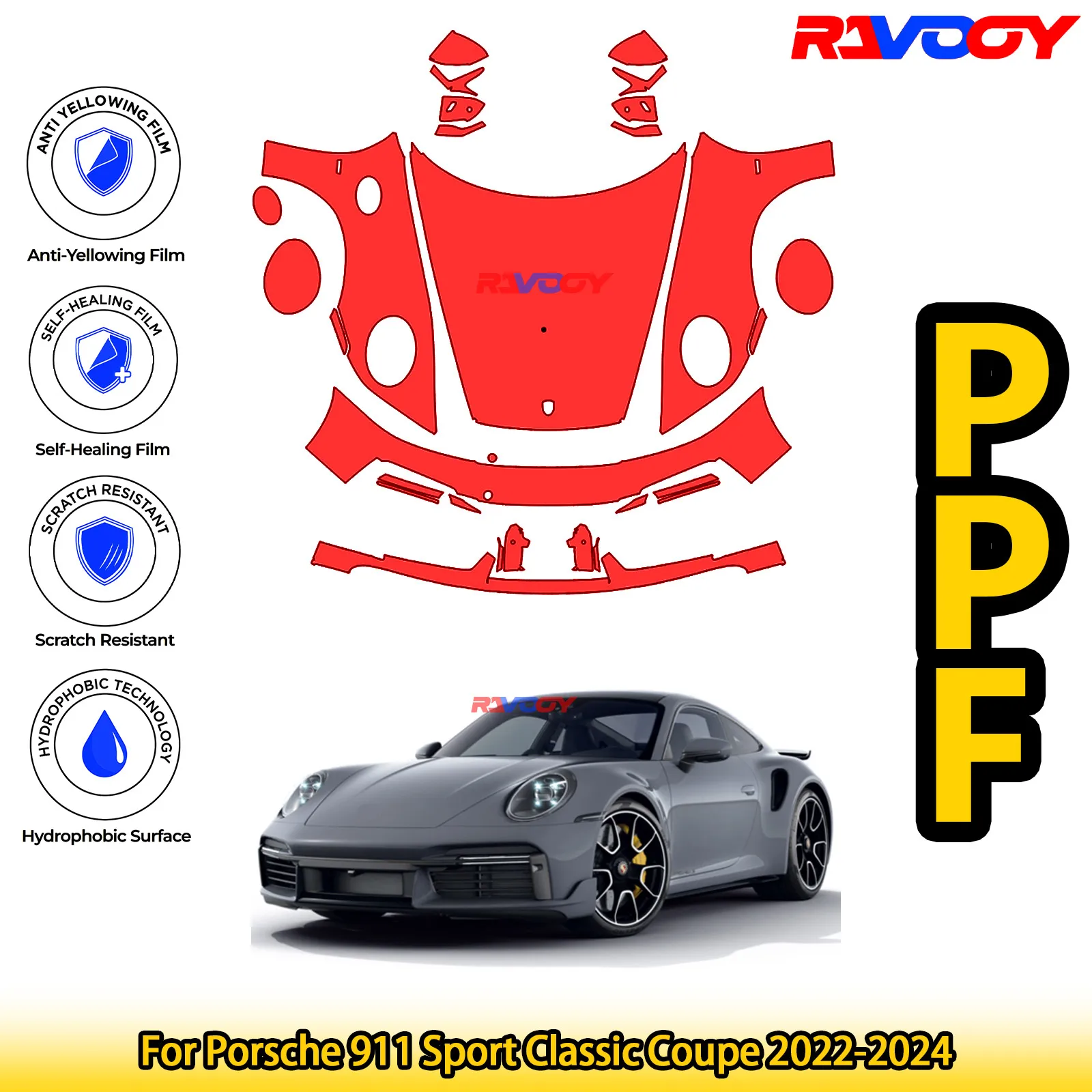 

Для Porsche 911 Sport Classic Coupe 2022-2024 глянцевая матовая черная предварительно вырезанная передняя PPF комплект защитная пленка для краски