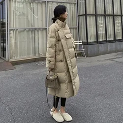 Parka longa à prova de vento com botões para mulheres, casacos com gola, jaqueta de algodão coreano, bolsos grandes, quente espesso, inverno