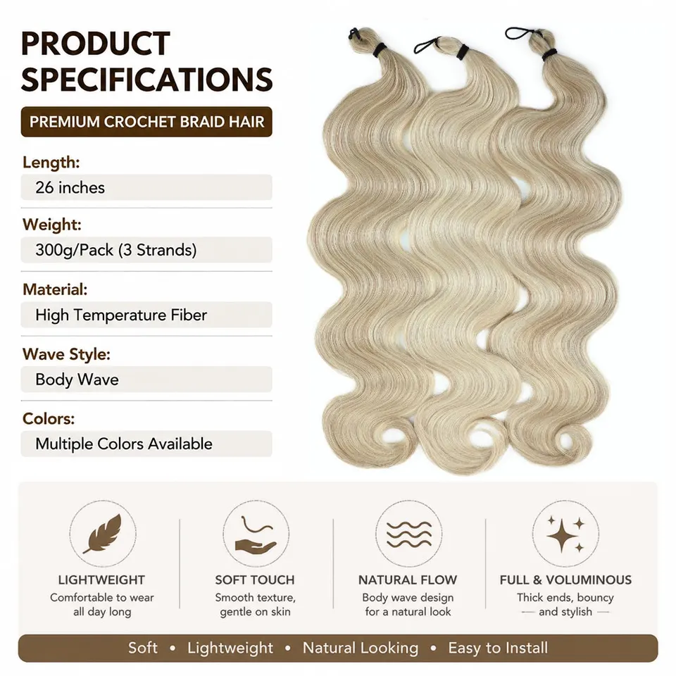 26 pulgadas Body Wave crochet hair, 3 piezas, cabello sintético para trenzas, ombre rubio balayage, extensiones de cabello natural para trenzar, 300g/lote 2