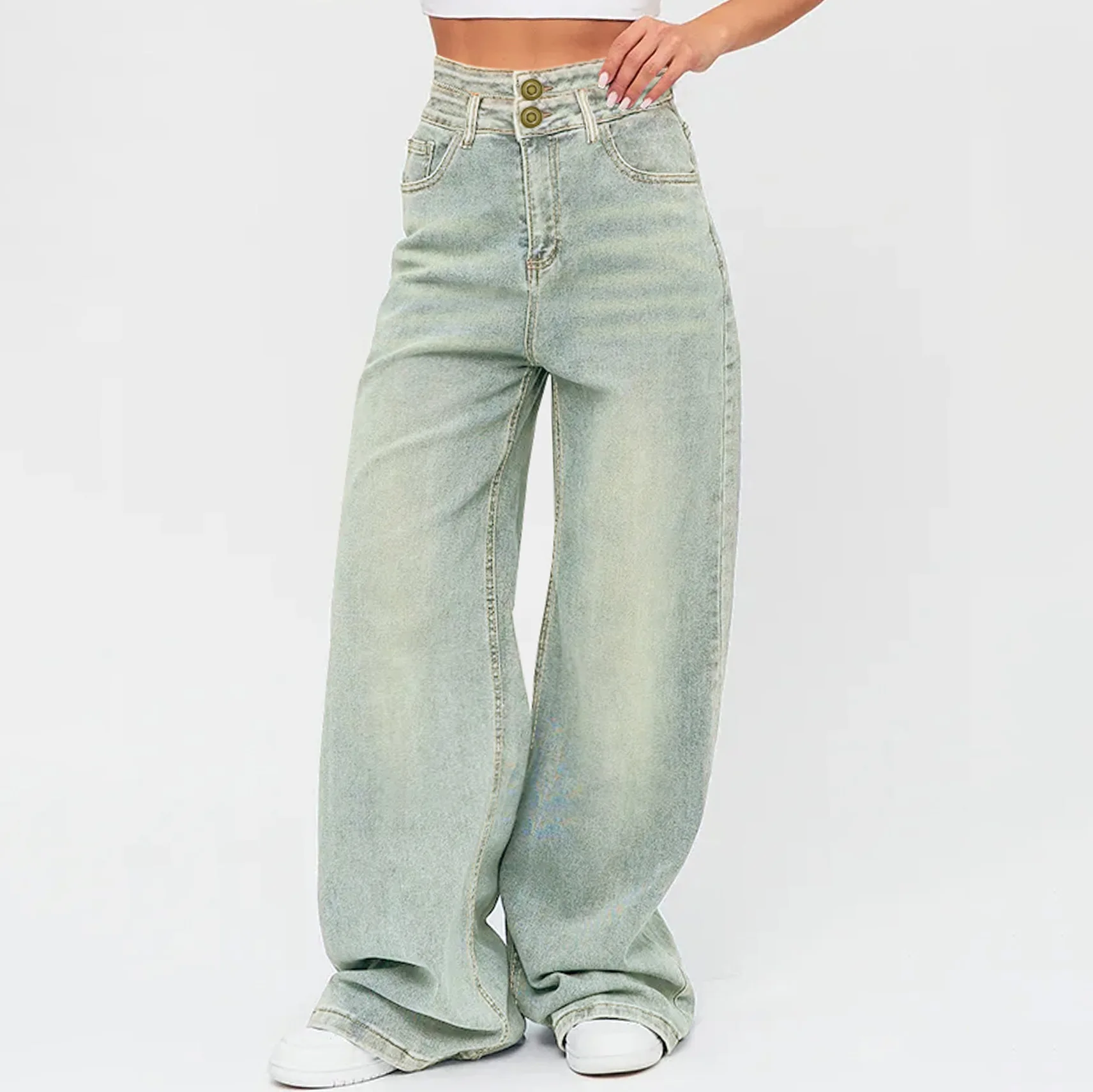 

Retro American Button Design Wide Leg Jeans Women's Loose Straight Cut Pants High Waist Denim Trousers Cross-Border Style