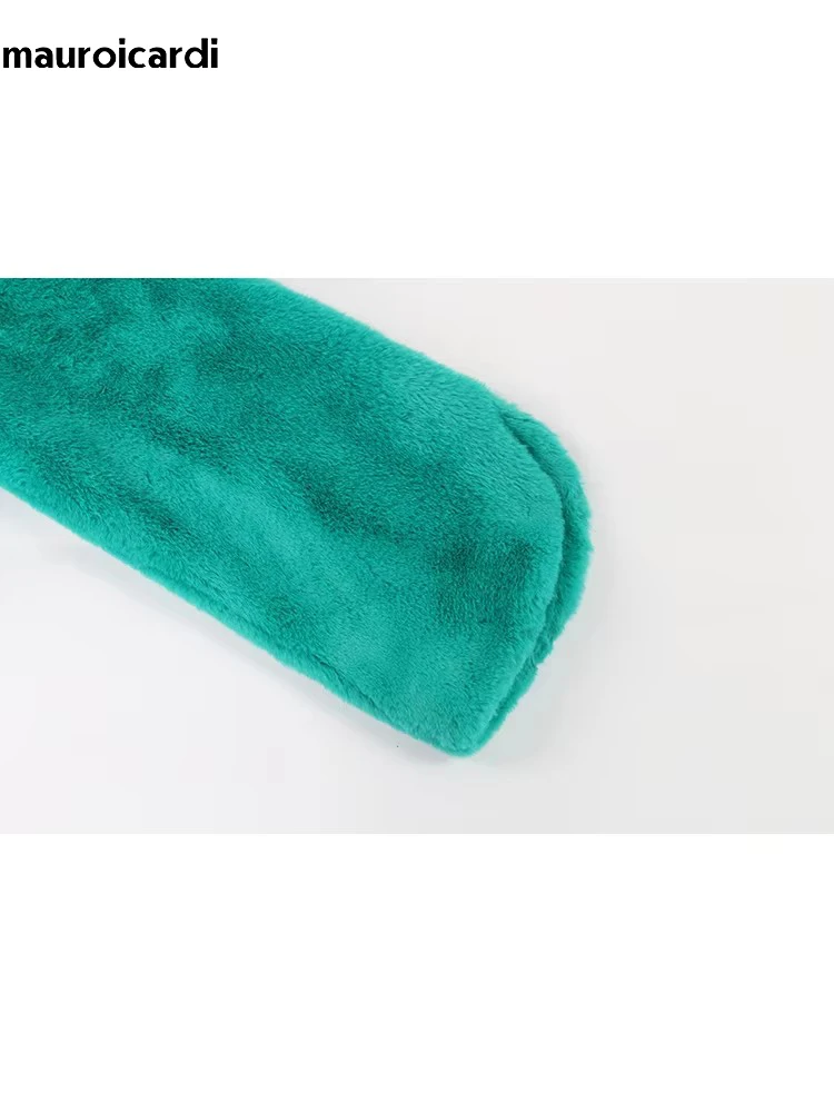 Mauroicardi outono inverno quente macio fofo casaco de pele do falso feminino vieira guarnição faixas gola extra longo casaco peludo 2025