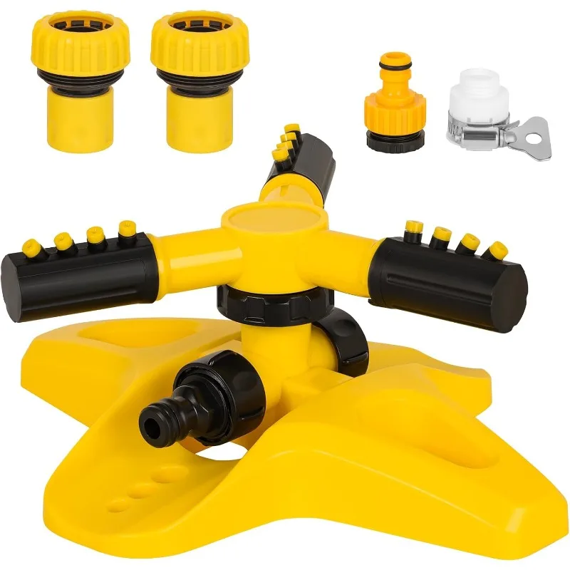 360-Grad-Drehbarer Gartensprinkler für Hof, Rasen und große Flächen mit 3 verstellbaren Armen (Gelb)