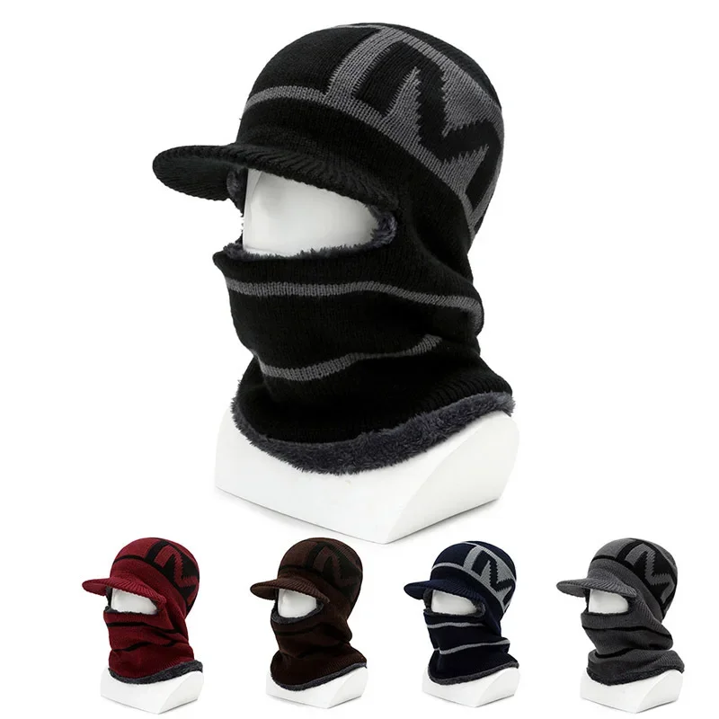 Hat Men's Winter Cycling with Velvet Knitted Hat, Anti Cold Knitted Hat, Warm One piece Ear Protection, Face and Neck