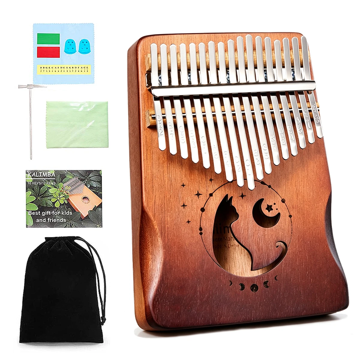 Miwayer 17/21 Keys Kalimba Thumb Piano – Moon Cat Pattern, Solid Mahogany Wood, Pre-Tuned, with Bag & Tuning Kit
