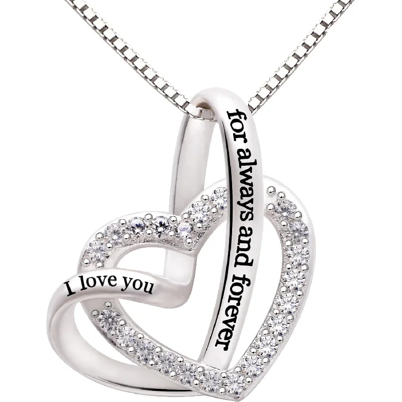 

Sterling Silver Love Heart Cubic Zirconia Necklace - "I Love You For Always" 17.7"+1.9" Extender Gift for Her