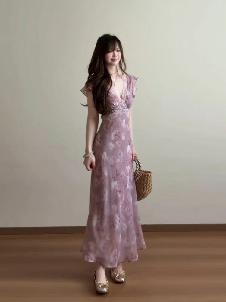 

Syxatn Gentle Breeze Floral Print Wrap Waist V-Neck Summer Dress Women's Holiday Dress A-Line Skirt Long Dress