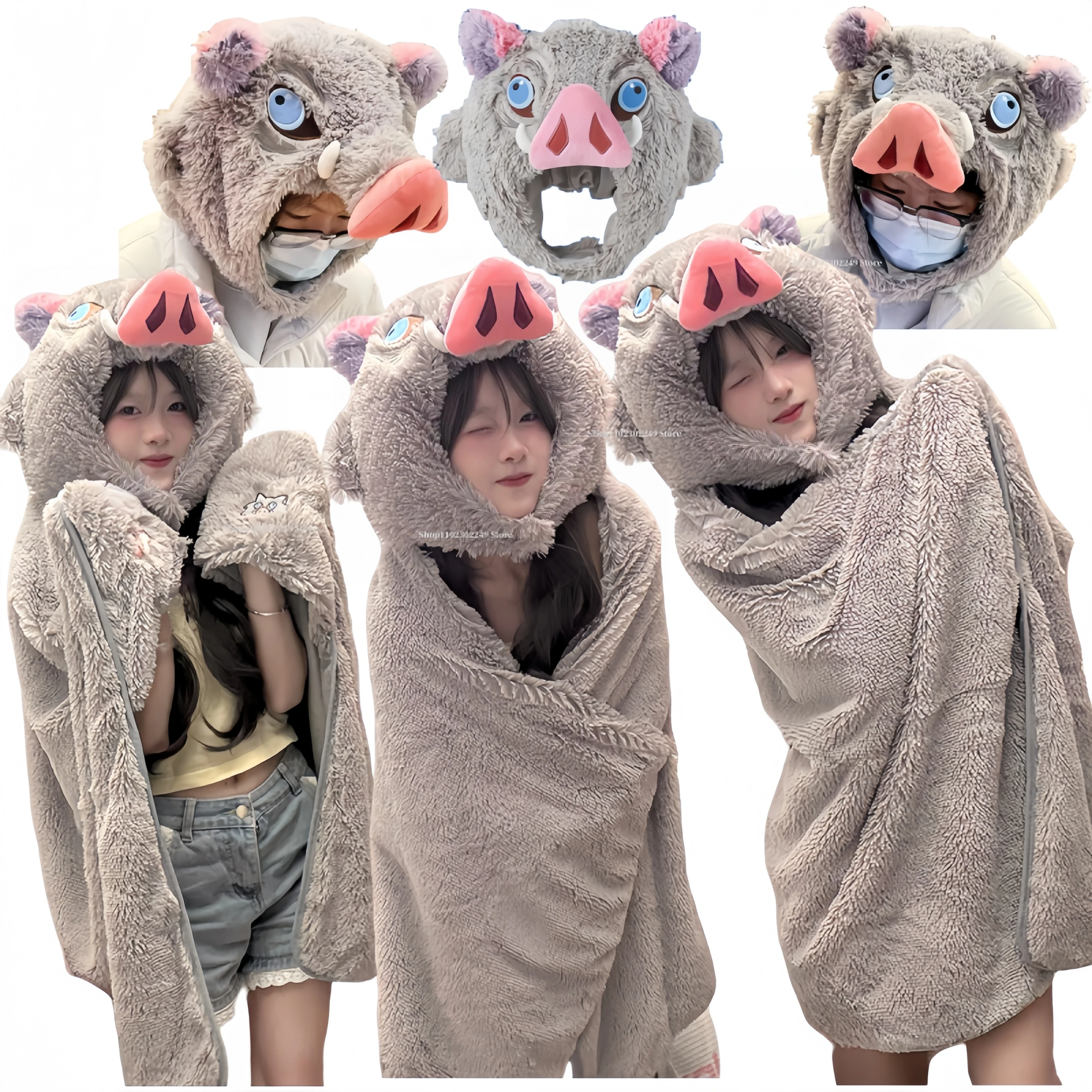 

Cute Hashibira Inosuke Plush Hat Cloak Wild Boar Head U-shaped Hooded Neck Pillow Cosplay Props Travel Blackout Pillow