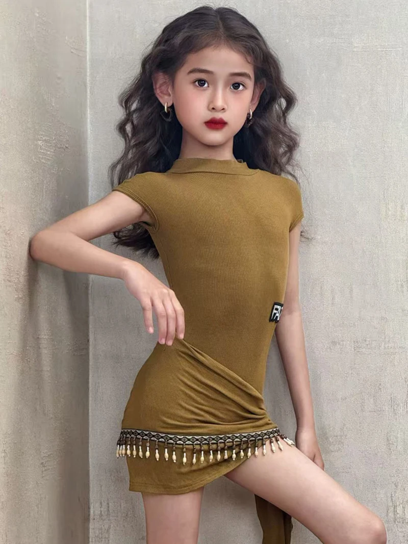 أطفال بنات الجمل أكمام مسمار الخرز اللاتينية Dancewear ارتداءها ومنشفة الورك كاوبوي سامبا رومبا ممارسة المنافسة Dancewear