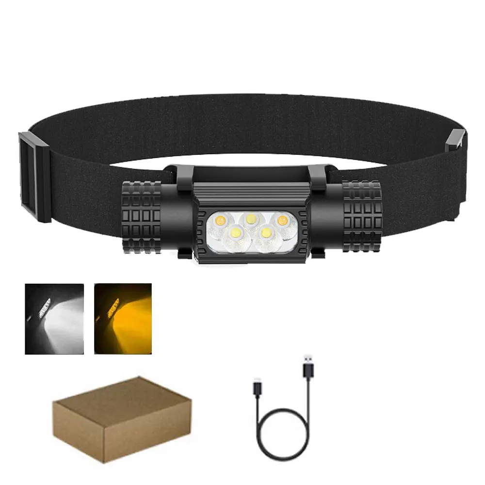 LED Headlamp High Power White Yellow Memory Headlight 18650 Rechargeable USB Type-C Torch Camping Hunting Flashlight Lamp