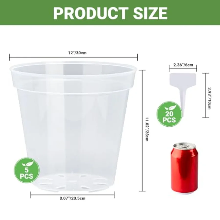 Indoor Outdoor Clear Plastic Plant Pots with Drainage Holes, 12 Inch Nursery Pots Pack of 5, Includes 20 Labels, Transparent Li