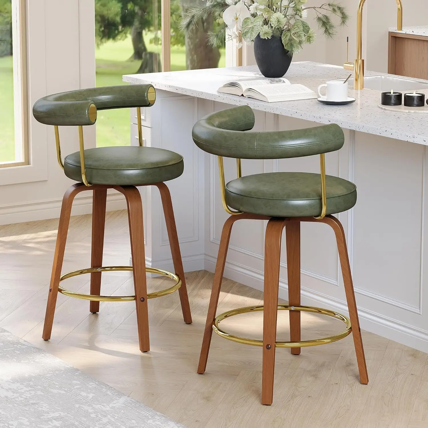 

Поворотные барные стулья, 26 дюймов, 2 шт., высота стойки, изогнутая деревянная спинка, кухонный остров из искусственной кожи середины века, коричневый, по индивидуальному заказу