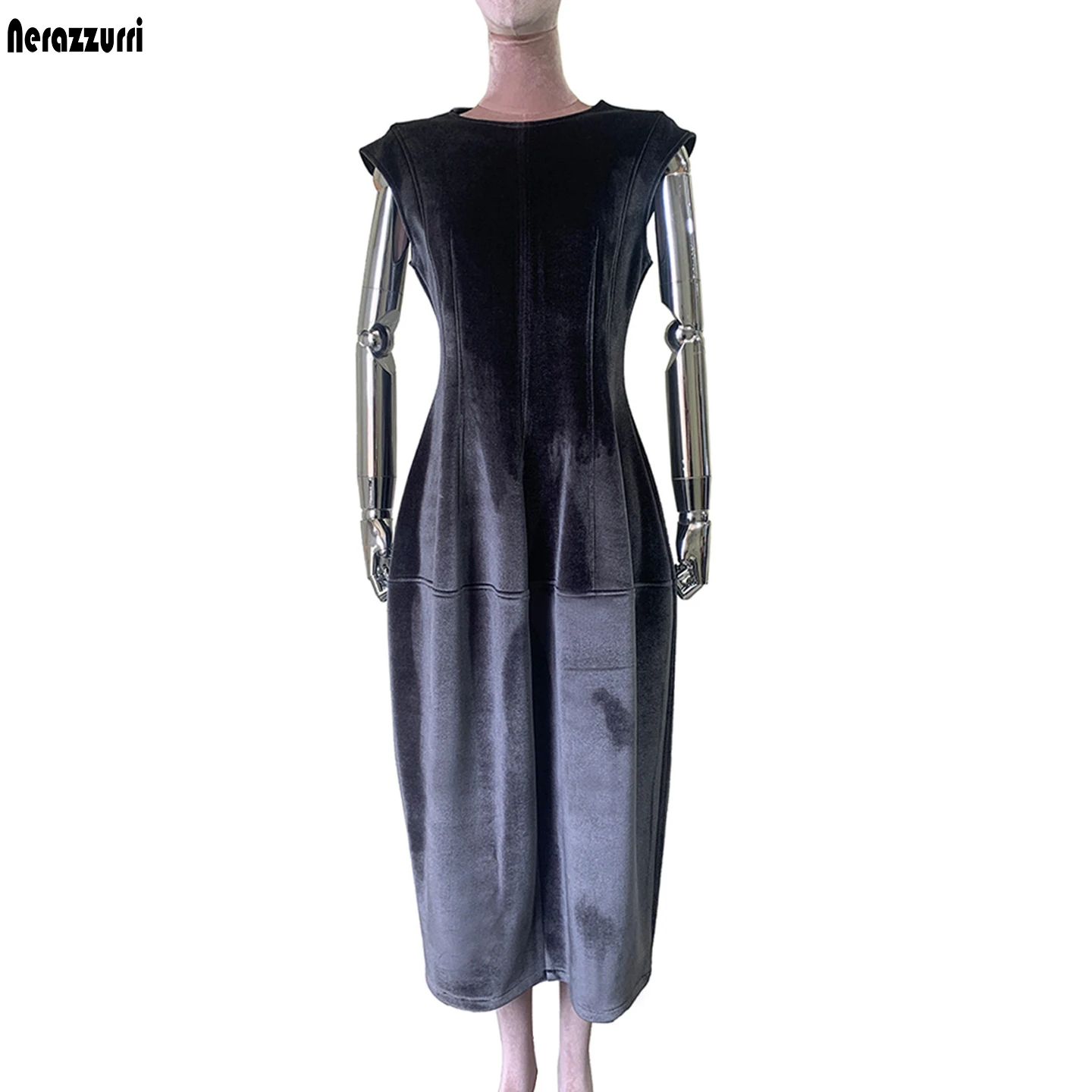 Nerazzurri Summer Autumn Long Luxury Elegant Luxury Fitted Dark Gray Sleeveless Soft Velvet Modest Dresses for Woman High Waist