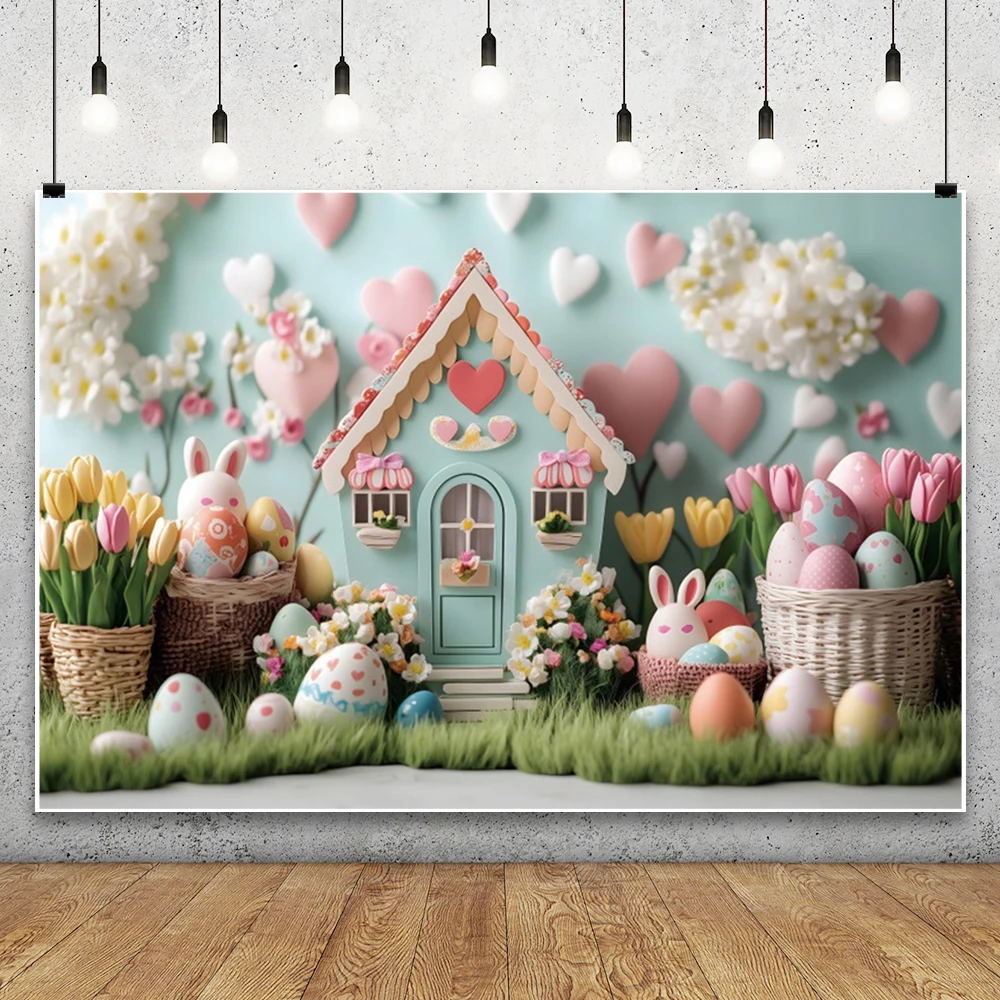 Easter Day Cartoon Cabin Background Spring Easter Rabbit Colorful Eggs Baby Shower Kids Birthday Party Photography Backdrops