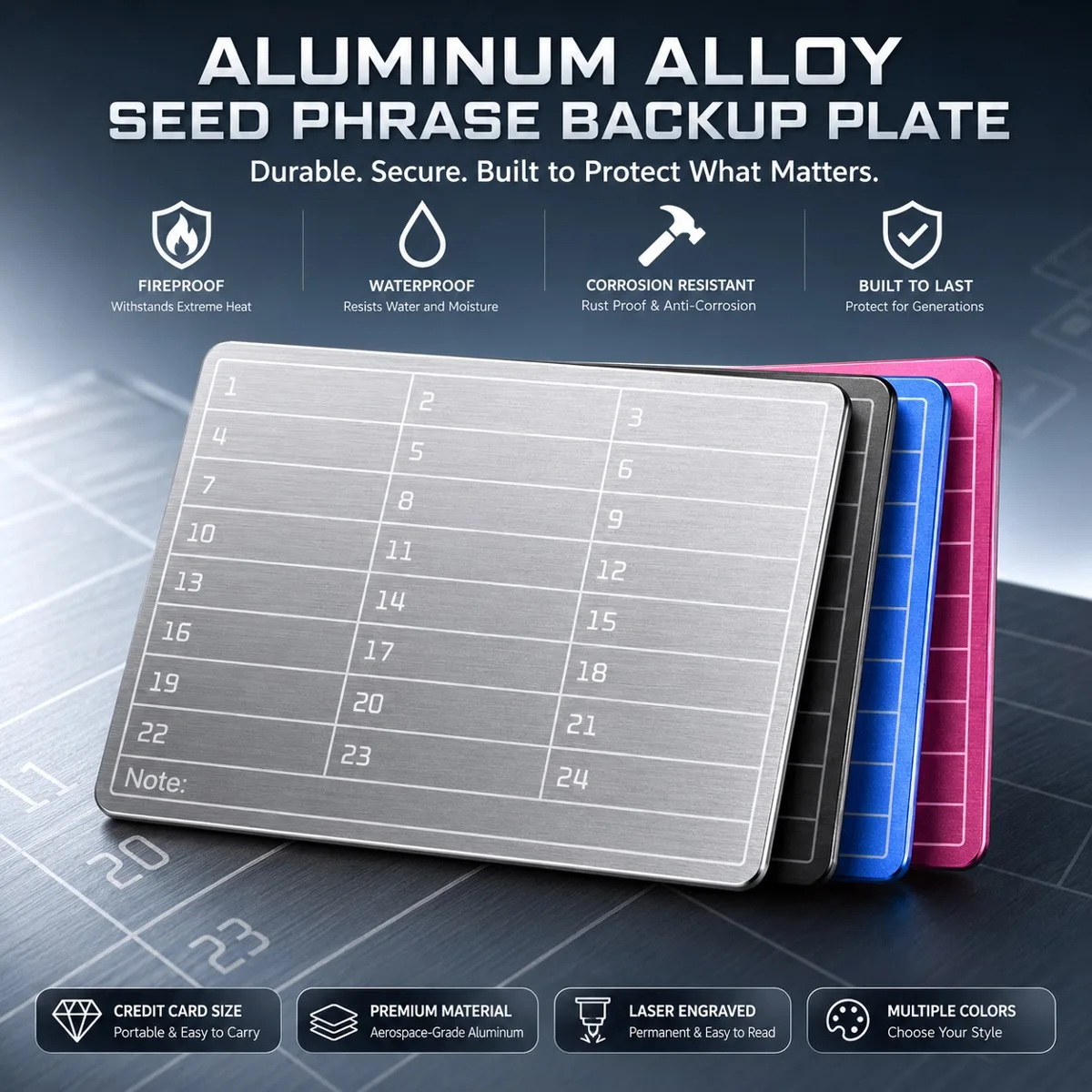 2 Portefeuilles en aluminium pour Bitcoin avec 1 porte-cartes pour le stockage de mots de passe de crypto-monnaies, compatibles avec toutes les normes BIP39
