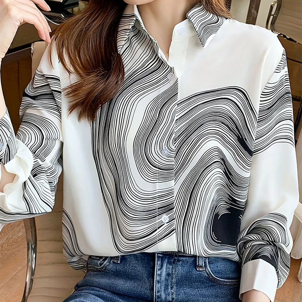 

Женская элегантная гавайская повседневная рубашка для отдыха, простая полосатая женская рубашка с длинными рукавами и лацканами больших размеров