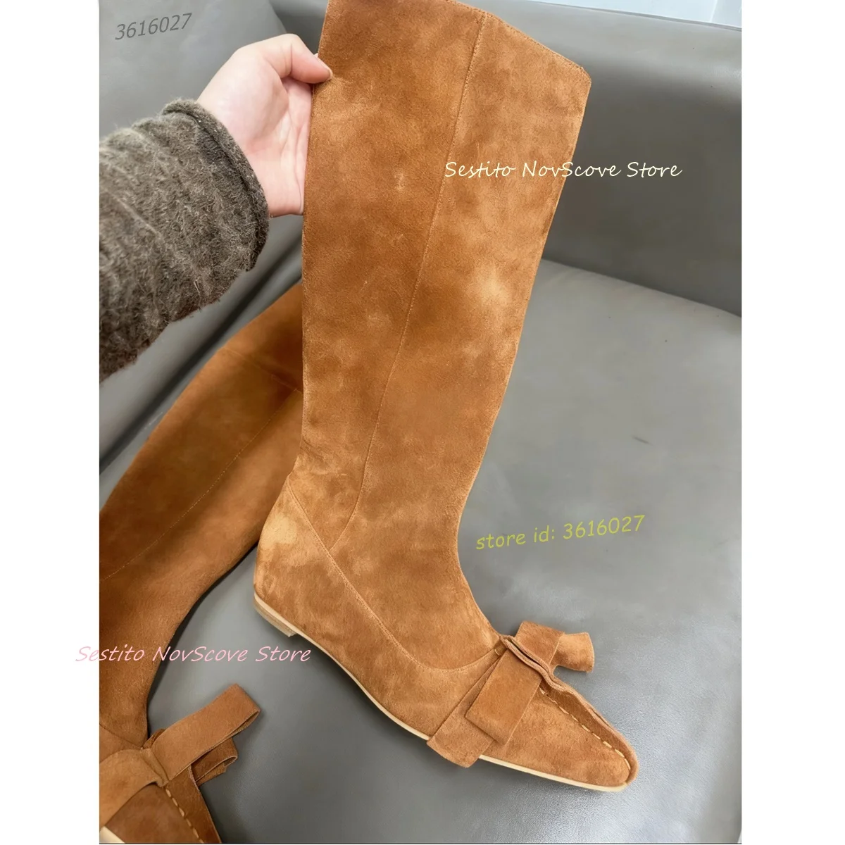 

Коричневые замшевые сапоги до колена на плоской подошве с острым носком и резиновой подошвой с бантом, винтажные длинные ботильоны, модные женские весенние ботильоны