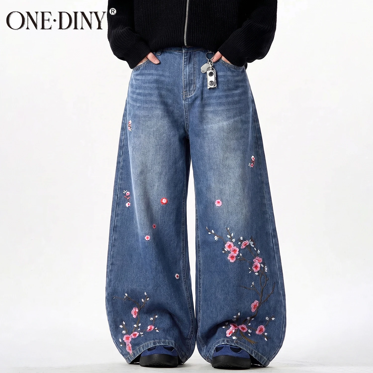 ONE·DINY Herren-Jeans mit Pflaumenblüten-Stickerei, Baggy-Schnitt, Blau Gewaschen, Weites Bein, Denim, Streetwear, Lässige Denim-Hose, Unisex ﻿