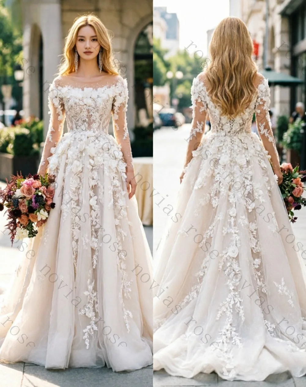 Customized Off Shoulder Sheer Long Sleeve 3D Floral Lace Applique Court Train Elegant Bohemian Bridal Gown for Wedding Ceremony