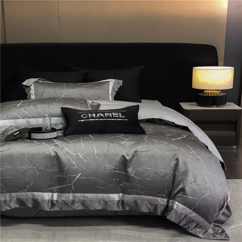 Grey Marble Bedding Set Egyptian Cotton Sateen Luxury 1000TC Frame Patchwork Duvet Cover Bed Sheet Pillow Shams Double Queen 4Pc