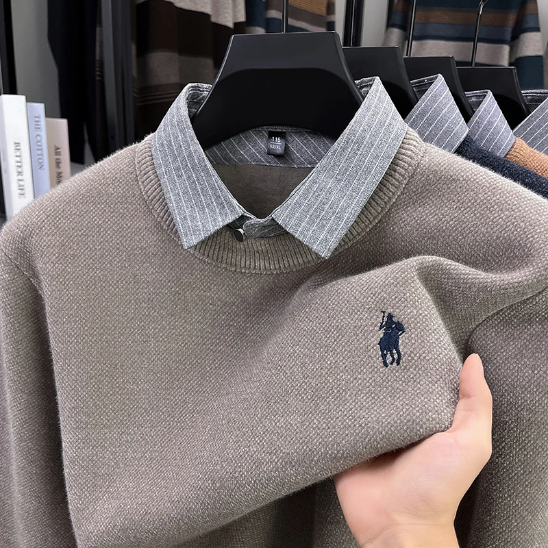 Fake Two Piece Shirt Collar Men's Sweater with Winter Velvet and Thick Insulation, High-end Embroidered Knitted Base Sweater