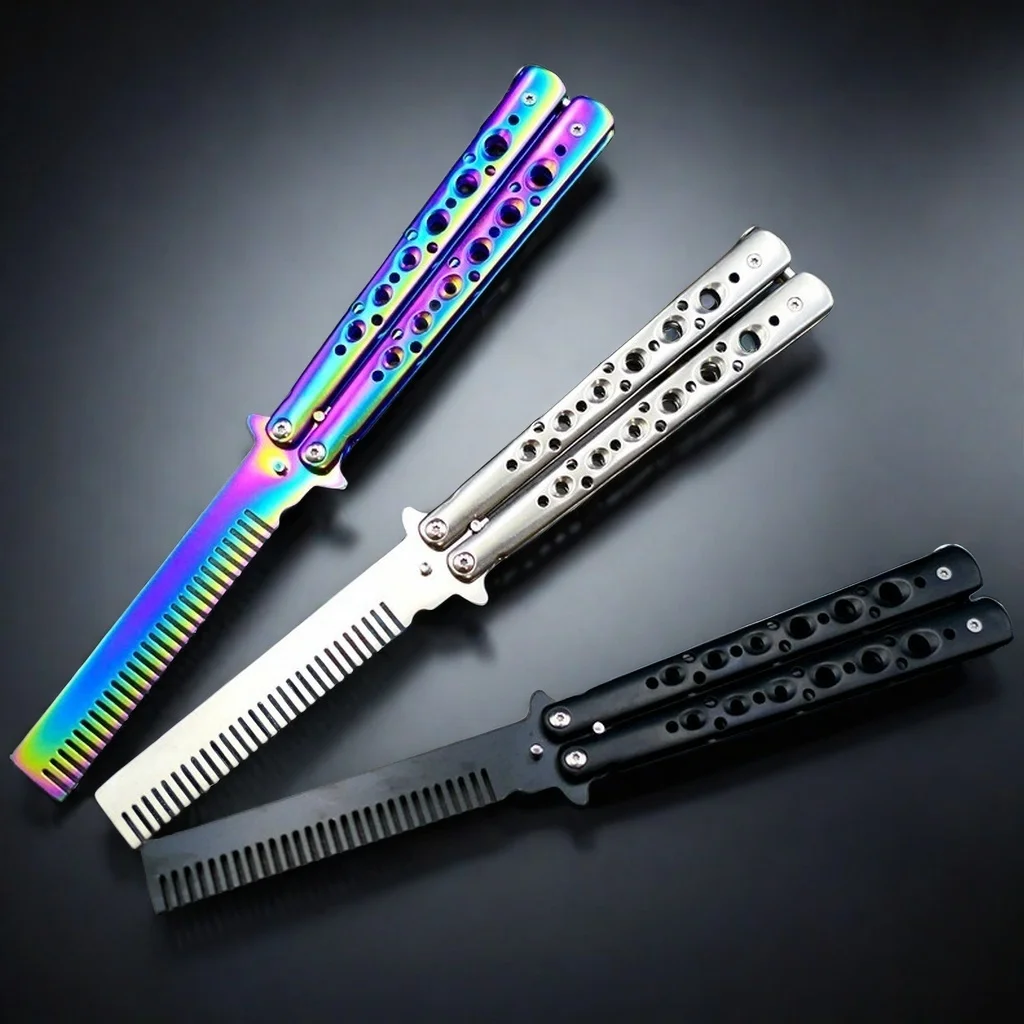 Foldable Comb Stainless Steel Practice Training Butterfly Knife Comb Beard Moustache Brushe Salon Hairdressing Hair Styling Tool