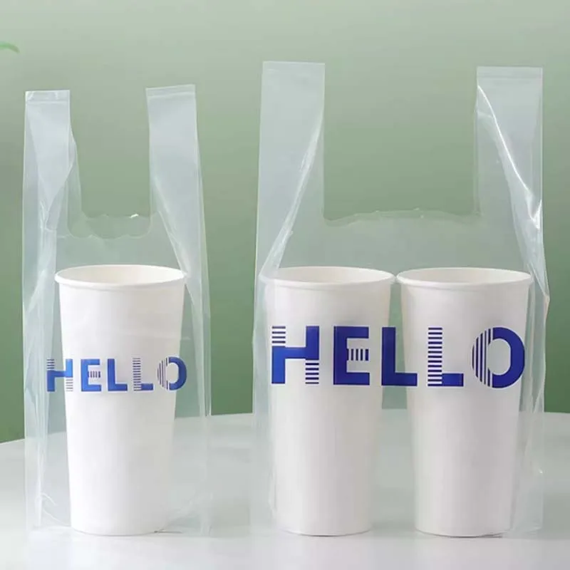 50Pcs/Pack Transparent Beverage Packaging Bag with Handle Disposable Vest Pouch Milk Tea Coffee Takeaway Bag For Small Shop Cafe