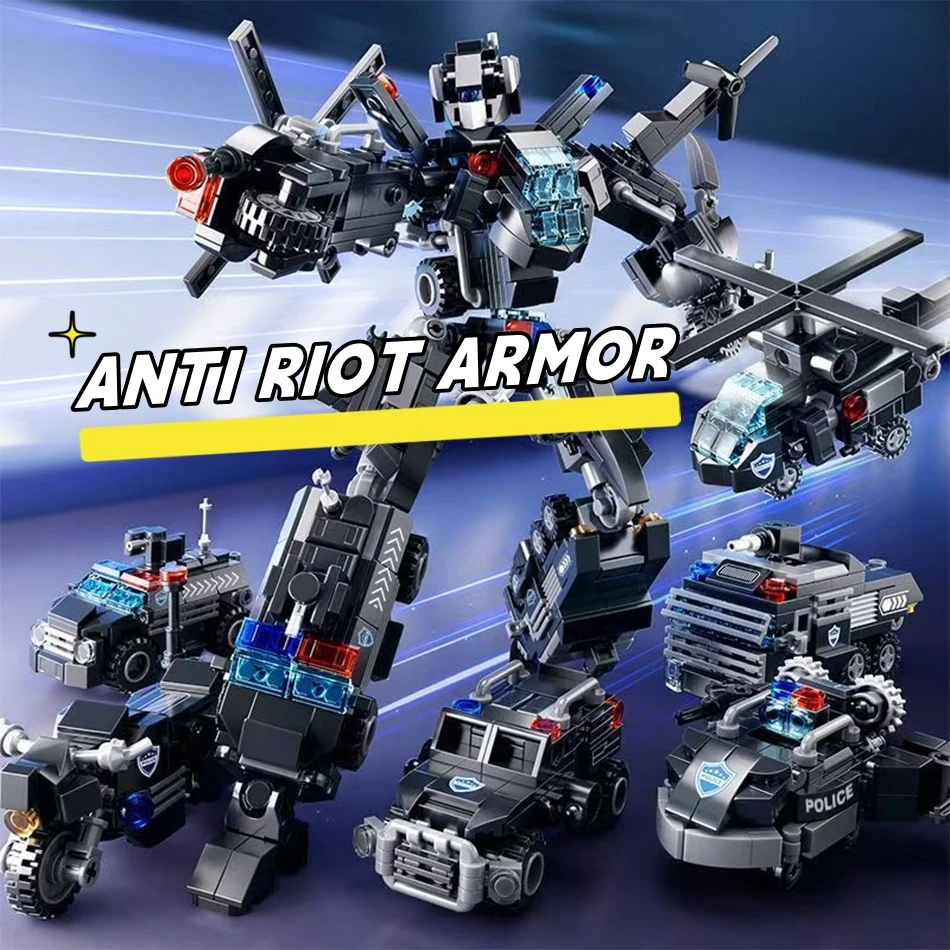 New 6in1 Transforming Military Anti Riot Armor Building Blocks For Boy Educational Puzzle Assembly Toy Mecha Vehicle Model Gift