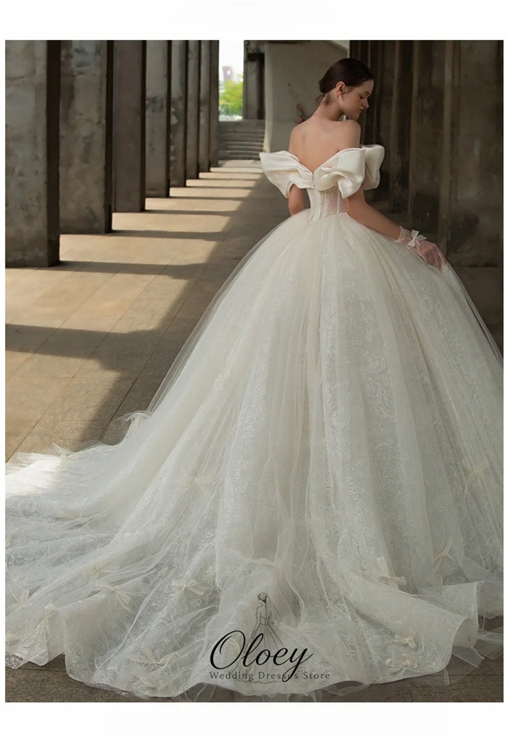 OLOEY Classic Lace Beading Big Bow Ball Gown Wedding Dresses For Woman Off The Shoulder Bridal Gown Customized Vestidos De Novia