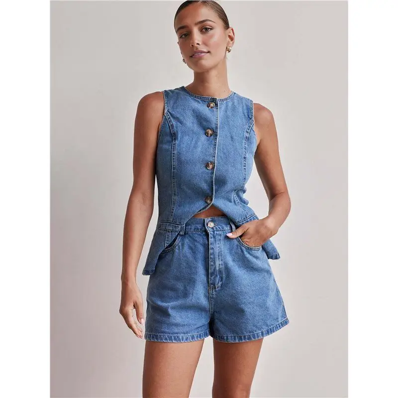 TEXU Female Denim 2 Piece Set Casual Business Sleeveless Jean Blazer Vest Tops And Shorts Outfit Tracksuits
