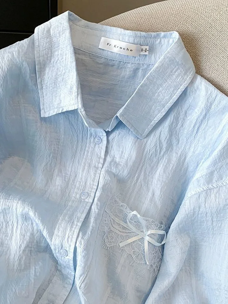 Zoki Blue Sweet Sun Proof เสื้อผู้หญิง Lace Patchwork เกาหลีเสื้อหลวมแฟชั่นแขนยาว Elegant หญิงสบายๆเสื้อน่ารัก