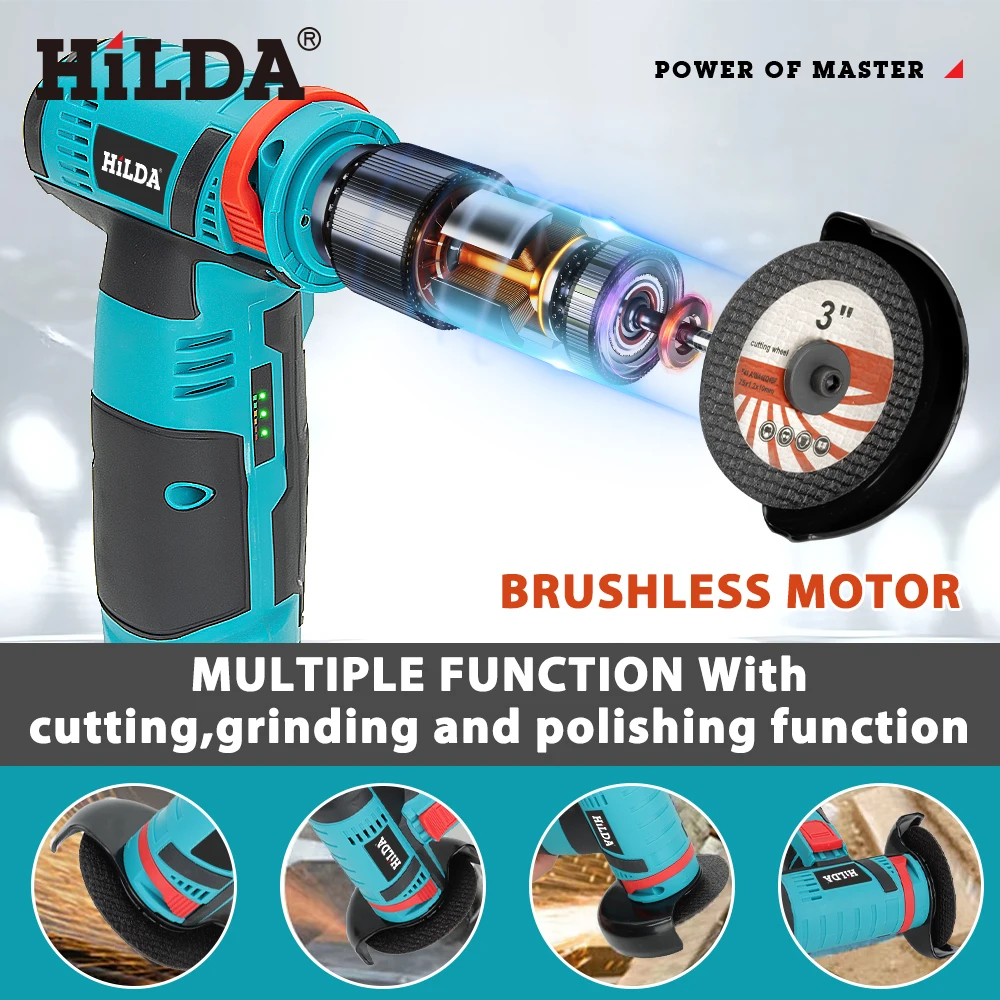 HILDA 12V 3/4 Inch Lithium Electric Angle Grinder Rechargeable Battery Brushless/Brushed Polishing Machine  Mini Cutting Machine