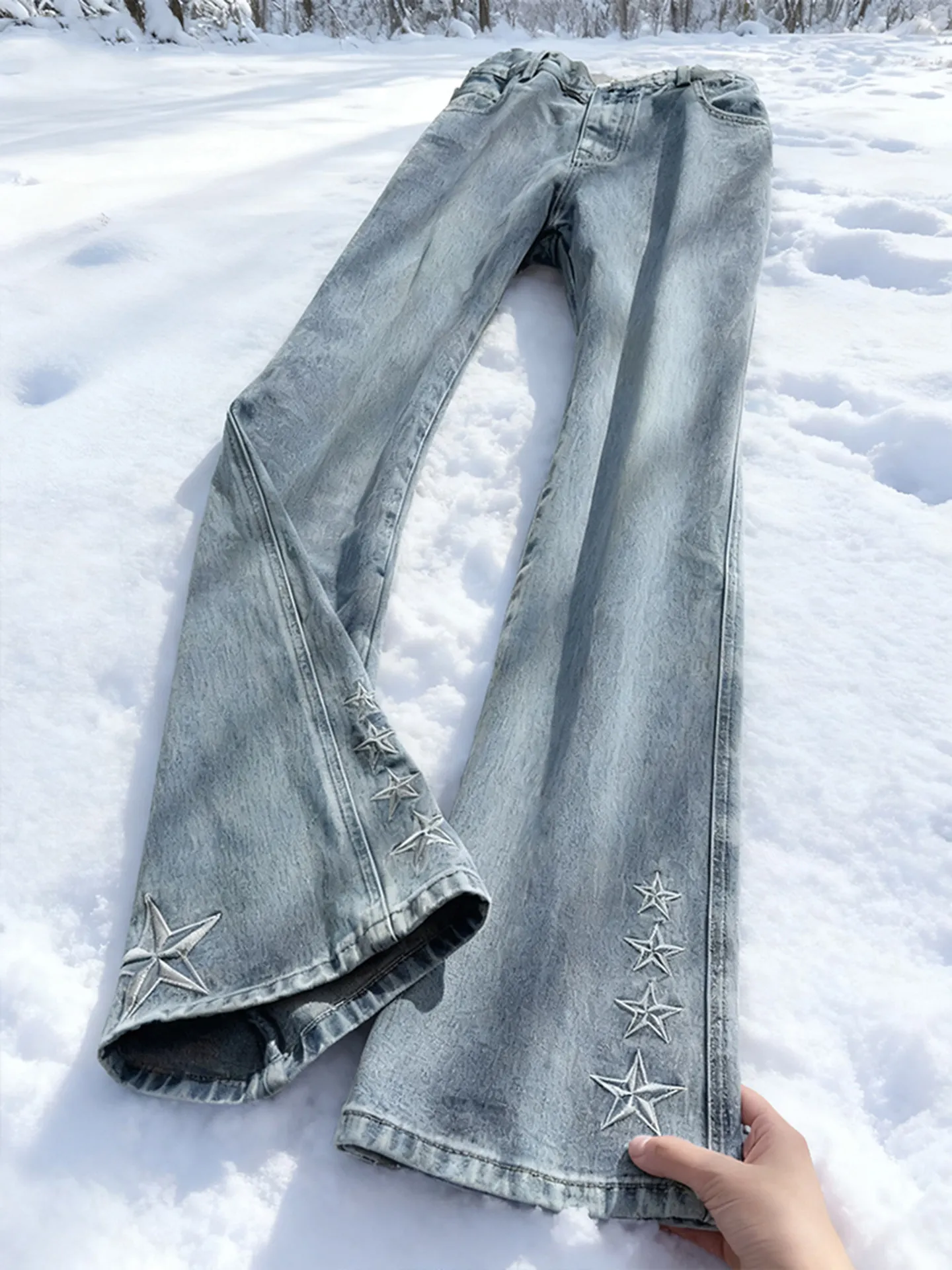 

American Sweet Style Star Embroidery Flared Jeans Women's High Waist Slimming Drapey Bell Bottom Long Trousers Autumn