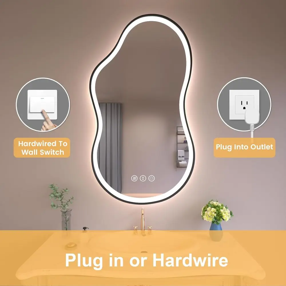 Miroir de salle de bain LED 20 x 36 pouces avec design asymétrique, antibuée, intensité variable en 3 couleurs, verre incassable, horizontal/vertique