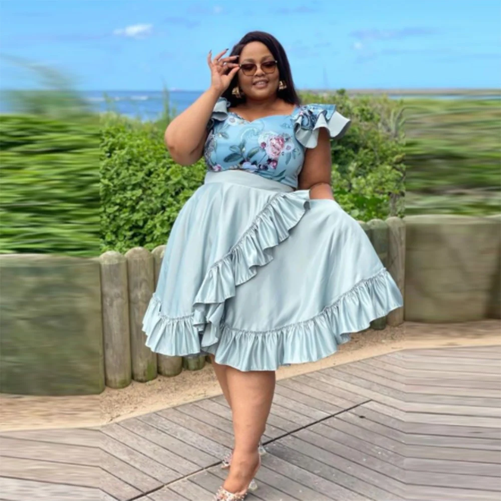 

Light Blue Ruffles Satin Skirt High Waist Knee Length Women Skirt Formal Wear Custom Color And Size Skirts