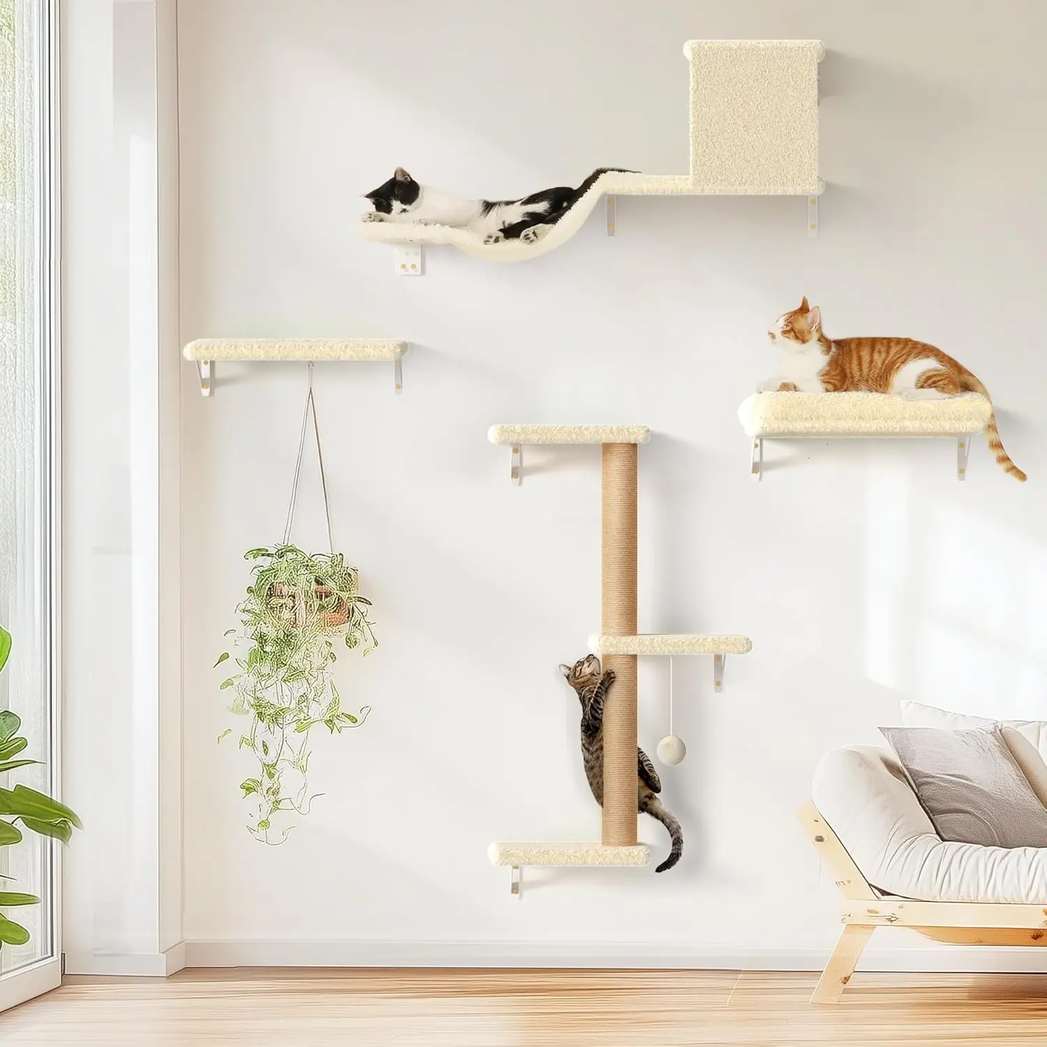 

Stable 4-in-1 Cat Wall Shelves Set with Scratching Post for 16-Inch Drywall, Beige
