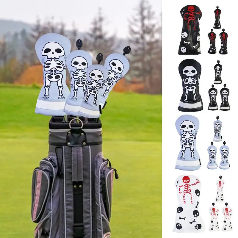 Golf Club Headcovers 4pcs Skeleton Pattern Wrapped Golf Training Equipment Embroidery Golf Headcovers Protector Halloween Themed