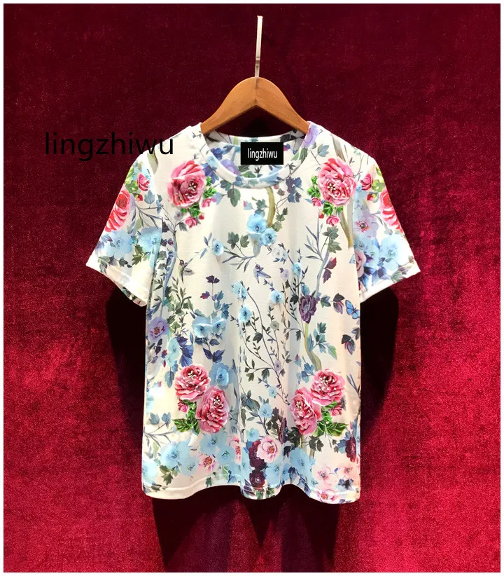 

lingzhiwu Print T-Shirt 2024 Summer Vintage Handmade Rose Three-Dimensional Flower Beading Fashion Tee Shirt Female New Arrive