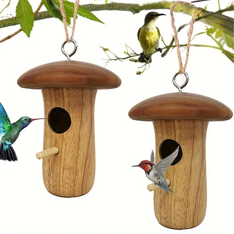 Casa de colibrí colgante de madera Natural para exteriores, nido de colibrí, alimentador de pájaros salvajes, patio de jardín al aire libre, artesanías colgantes de madera, 1Pc