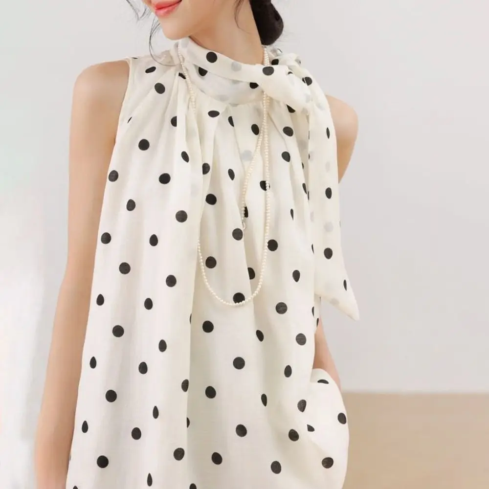 

Creative Bow Polka Dot Shirt Gentle Retro Women's Puff Shirt Y2k French Style Chiffon Shirt Spring and Summer