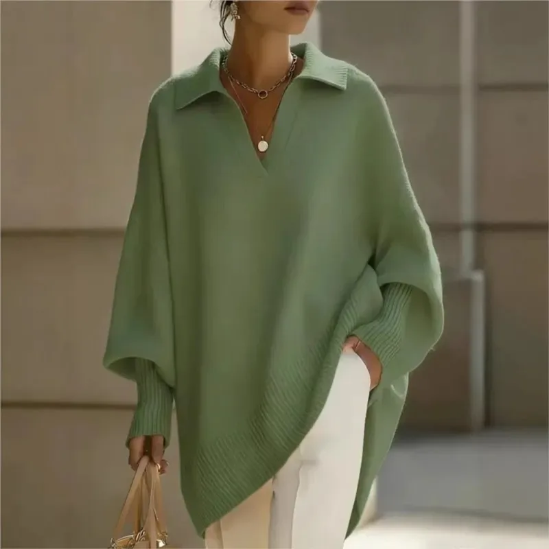 Women's Knitted Sweater Polo Collar Vintage Pullover Soft Warm Casual Long Oversize Sweaters Spring Autumn Elegant Clothes