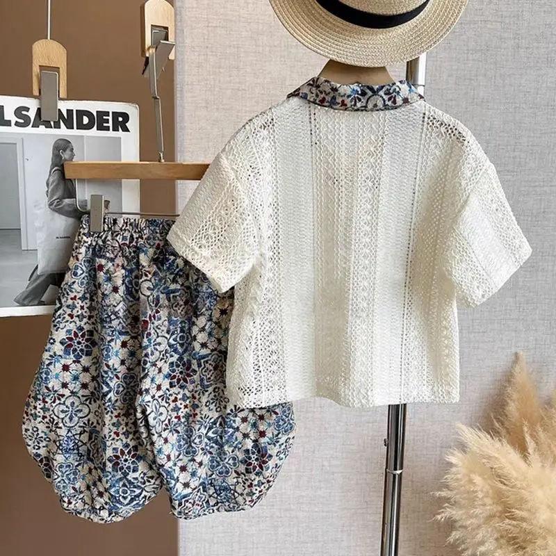 Children's Set Boys' Ethnic Style Suit Summer New Baby Knitted Crochet Stitching Color POLO Shirt Two-piece Trend