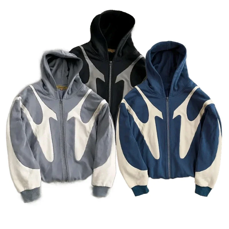 Hoodie ritsleting Y2K sambungan kain kualitas tinggi Hoodie Pria Wanita ukuran besar Retro bertudung pakaian jalanan jaket Sweatshirt Harajuku kasual