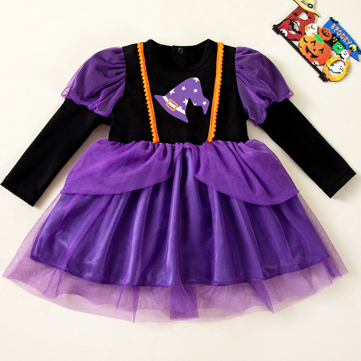 

Purple Baby Girl Halloween Dress Long Sleeves Tiered Baby Girl Witch Tulle Dress Kids Halloween Costume Cosplay Party Clothes