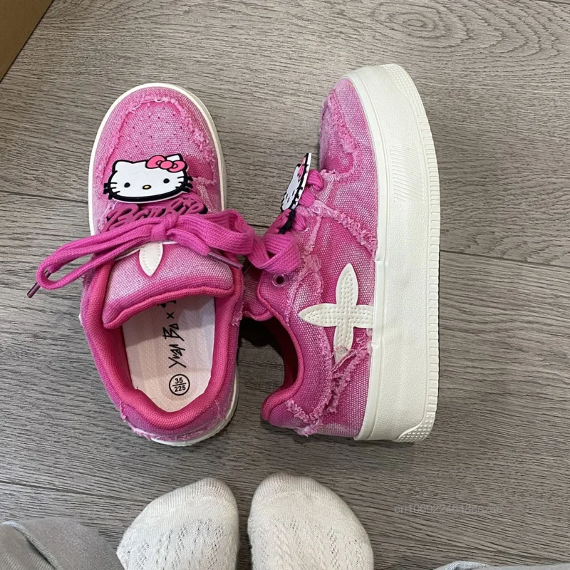 Hello Kitty College Style Sweet Girl Bread Shoes Women New Thick Soled Versatile Canvas Shoes Fashion Simple Casual Board Shoes