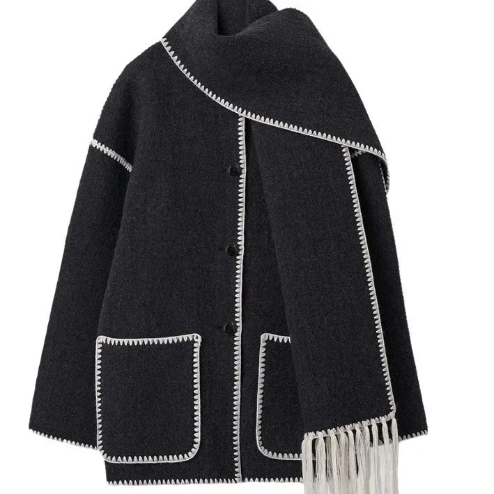 

Autumn and winter new fashion woolen coat thick loose with scarf fringe women