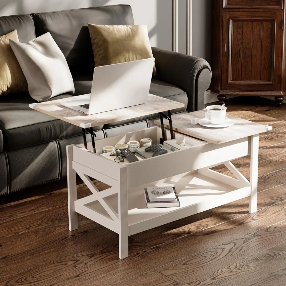 Lift Top Coffee Table with Storage, 39" Wooden Table for Lifting Top with Hidden Compartment, X Design Coffee Table for Living &
