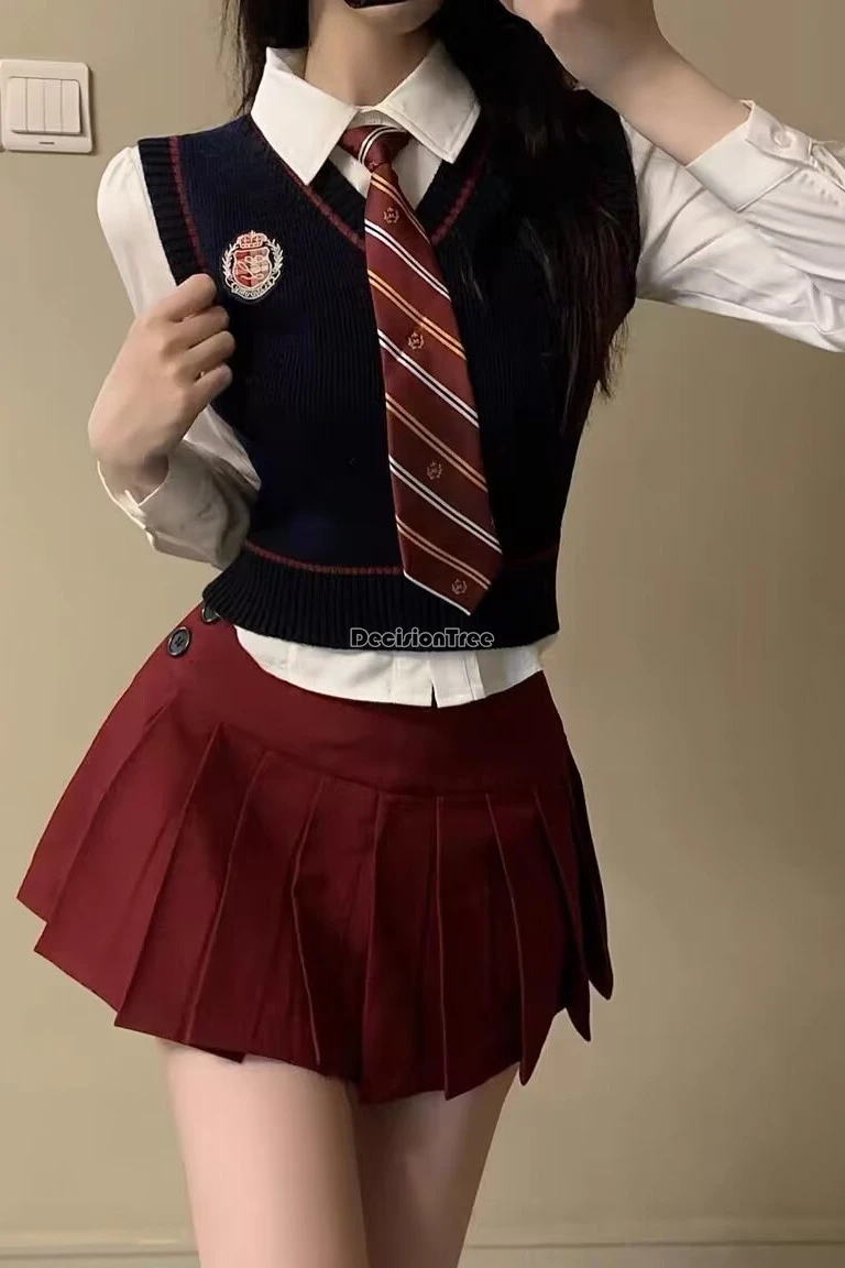 

2025 korean college-style knitted waistcoat half skirt long sleeve short set spring autumn new slimming fashion jk 3 piece set