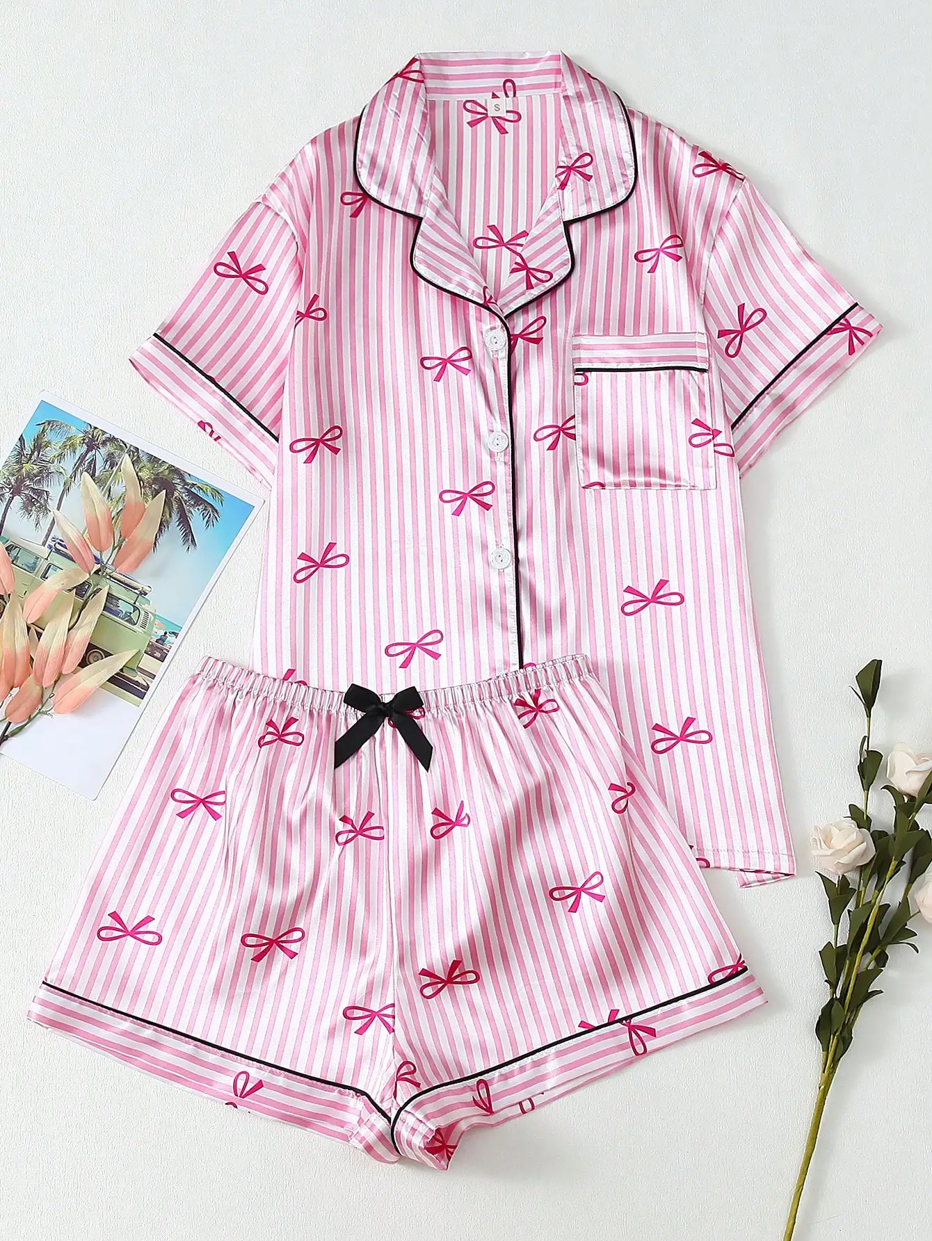 

Women's Pink Stripe Satin Pajama Set with Bow Print, Short Sleeve Collar Top & Shorts