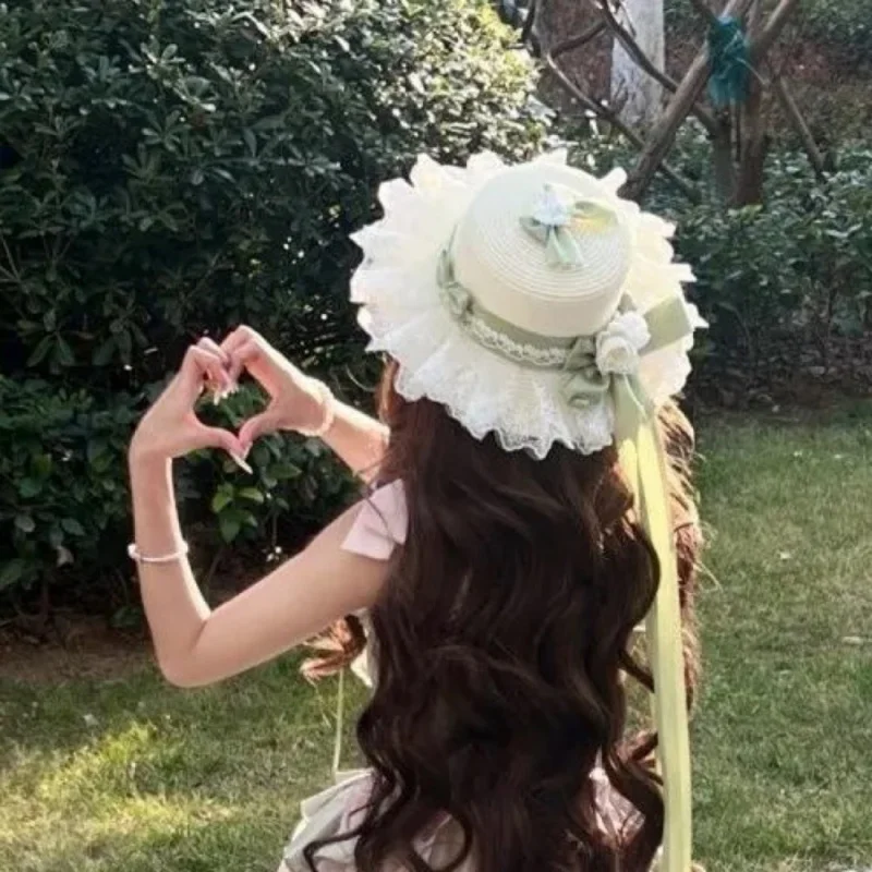 로리타 밀짚모자 숲의 달콤한 리본 프랑스 소녀 꽃 차양 모자 로리타 플랫 탑 모자 사랑 스타일