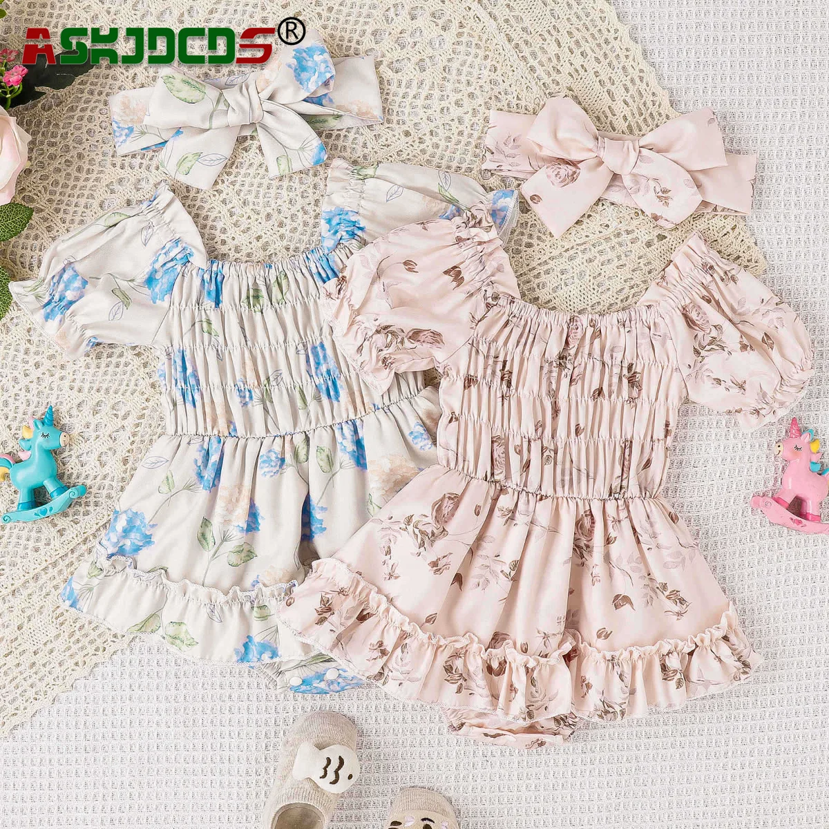 

Summer Newborn Bodysuits+headbands Baby Girls Puff Sleeve Pleat Flower Ruched Outwear Infant Kids Clothing Toddler One-pieces